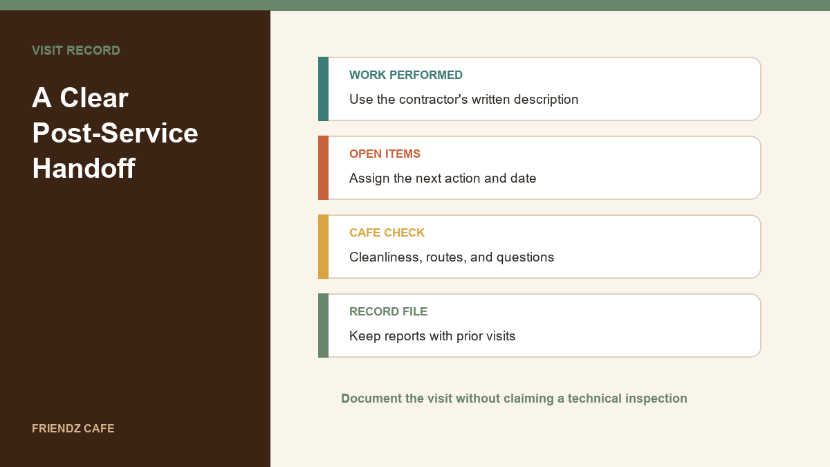 Cafe HVAC service record showing completed work, open items, access notes, and the next review date