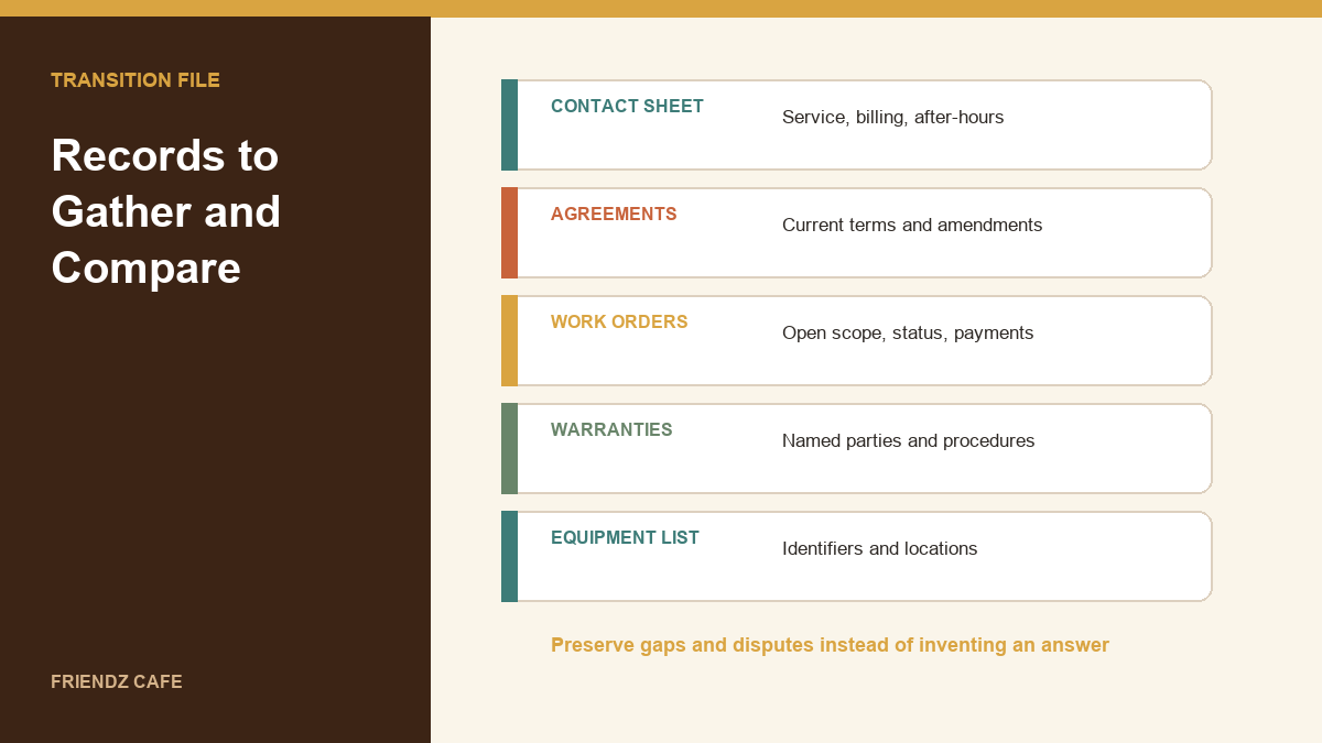 Cafe HVAC transition checklist comparing service records, work orders, and equipment identifiers